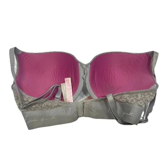 PINK VICTORIA’S SECRET Grey Lace Leopard Print Wear Everywhere Push-Up Bra 34DD - Picture 2 of 4